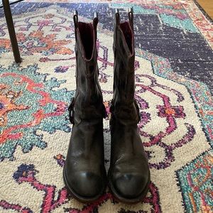 Equestrian inspired leather harness boots.